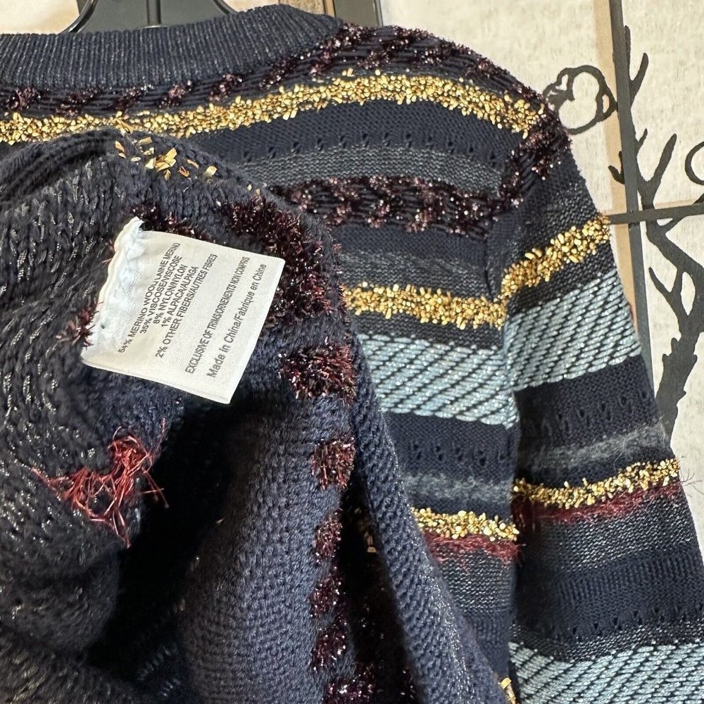 Tory Burch Sweater Stripe Metallic Merino Wool Alpaca Blend Danielle Navy Thick - Picture 8 of 11